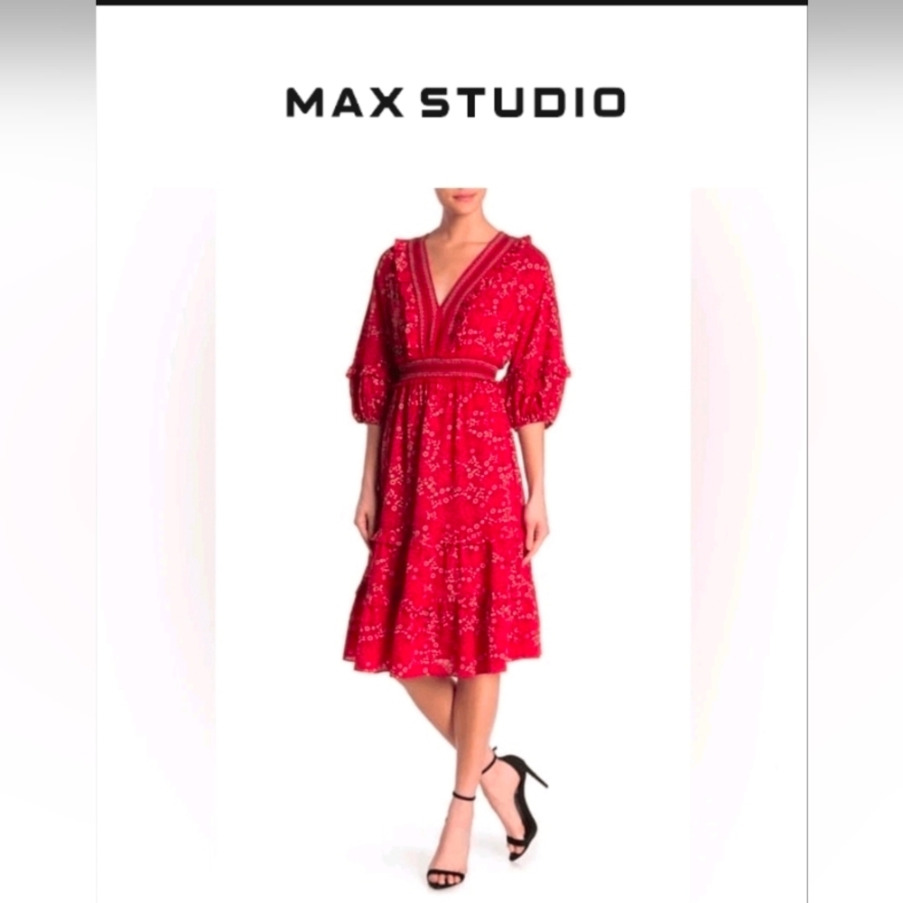 SmallMax Studio Red Floral Bubble Crepe Knee Length Cottagecore Style Dress
